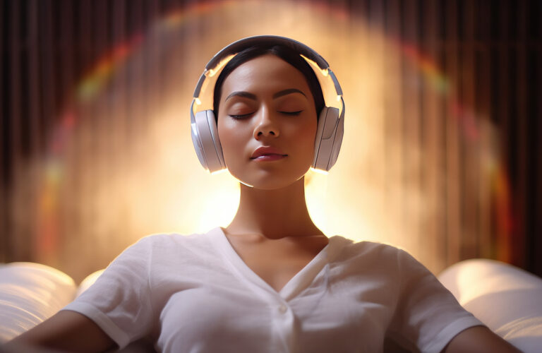 Healing Sounds and Sound Therapy. Sound healing well-being vibrations open, clear and balance chakras and energy. Woman in headset in sound healing therapy and meditation